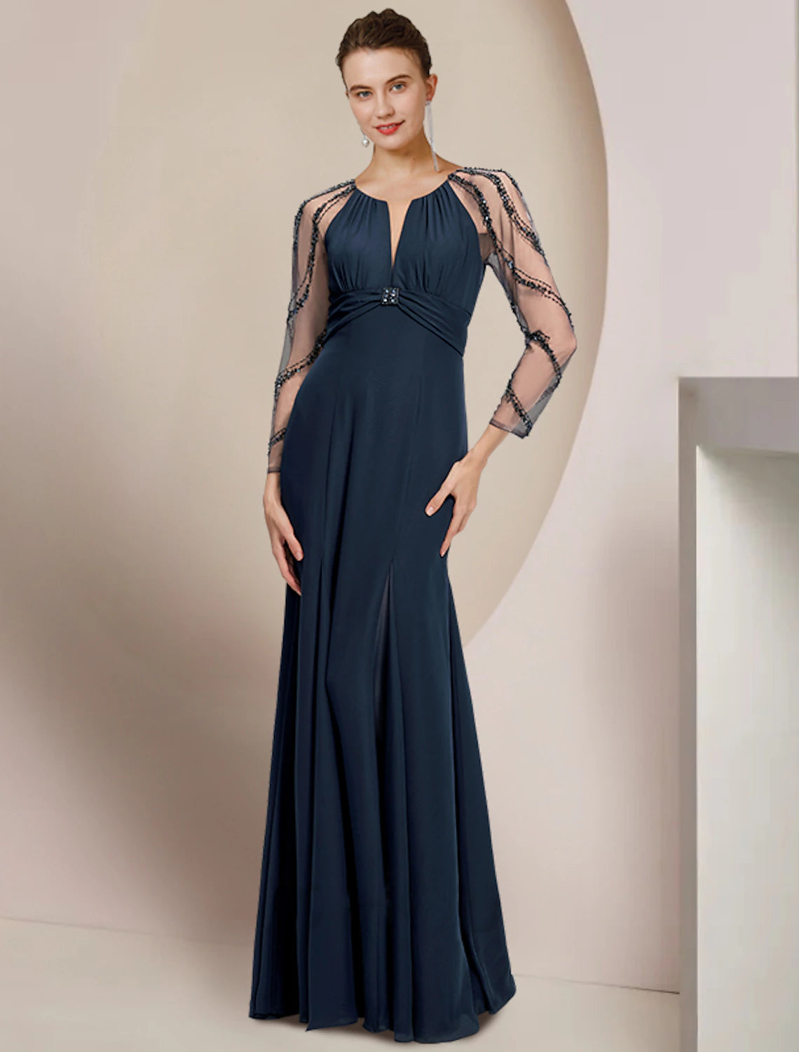 Wholesale  Sheath / Column Mother of the Bride Dress Wedding Guest Vintage Elegant V Neck Floor Length Chiffon Long Sleeve with Pleats Sequin